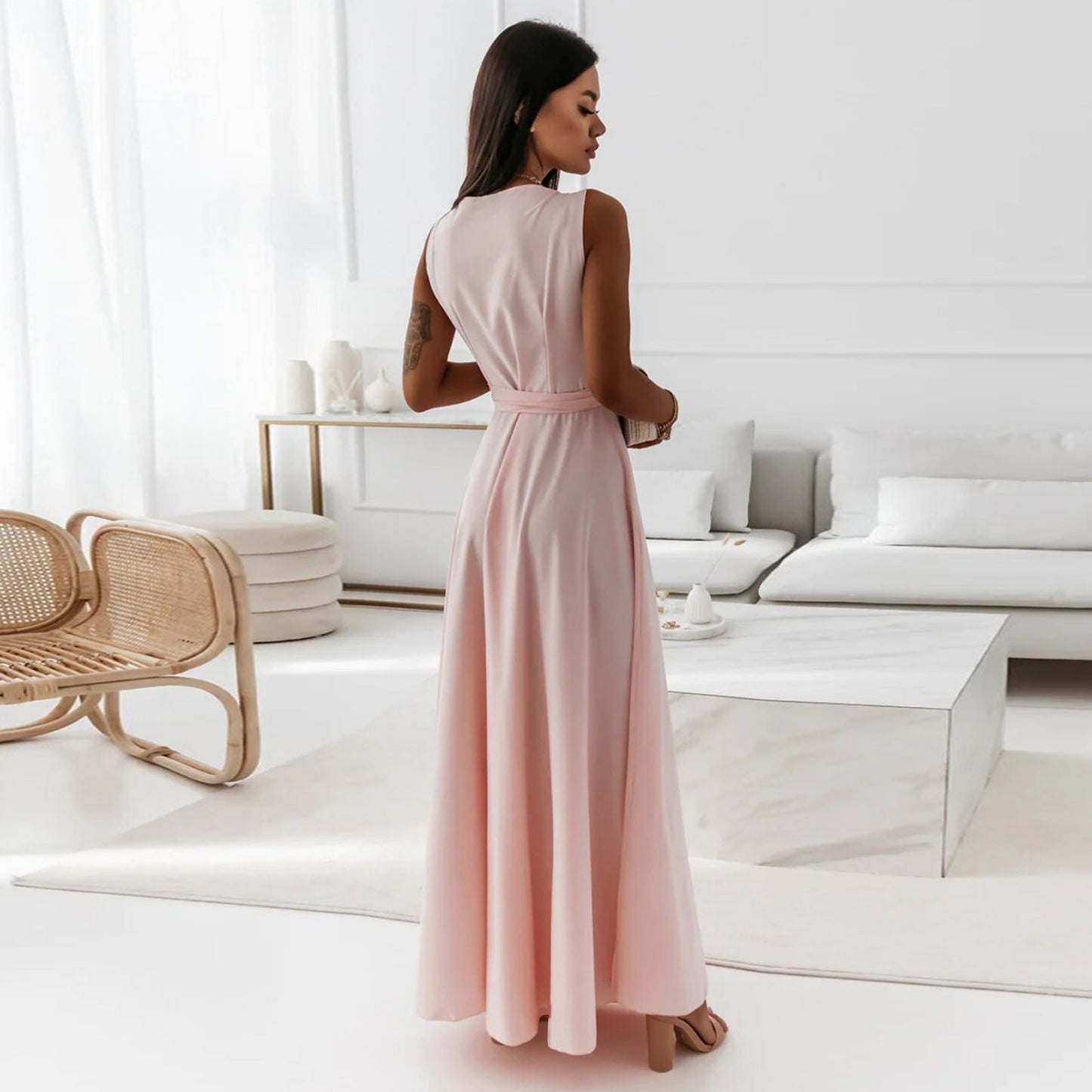 V-neck Sleeveless Dress With Belt Summer Fashion Party Club Evening