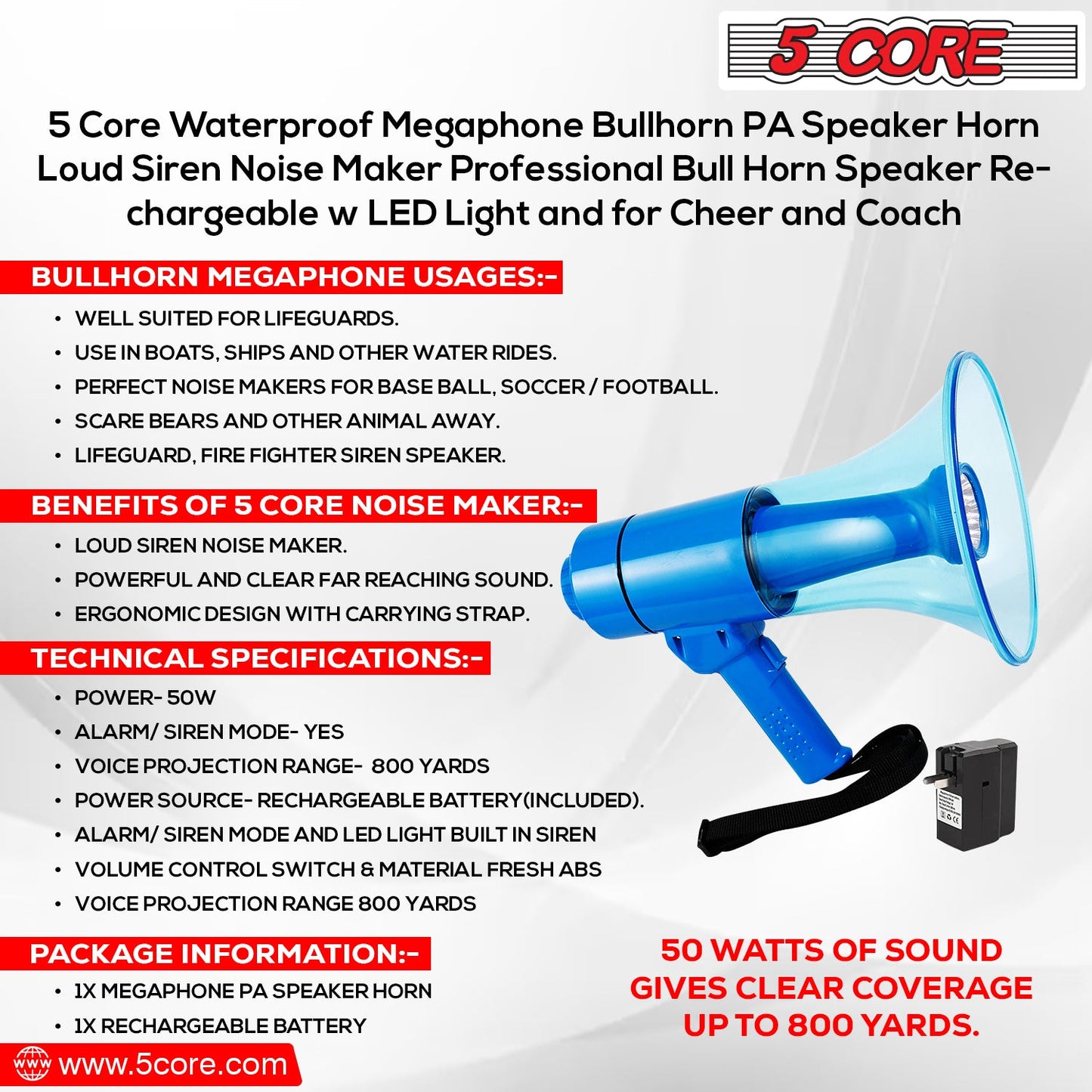 5Core Megaphone Bullhorn Speaker w Siren LED Light Adjustable Volume