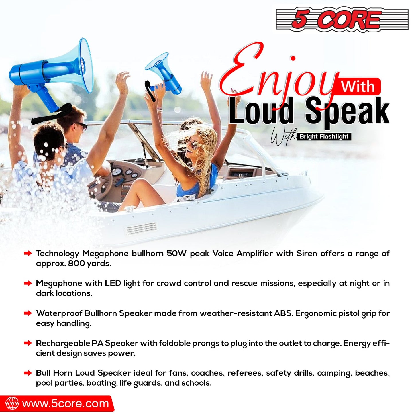5Core Megaphone Bullhorn Speaker w Siren LED Light Adjustable Volume