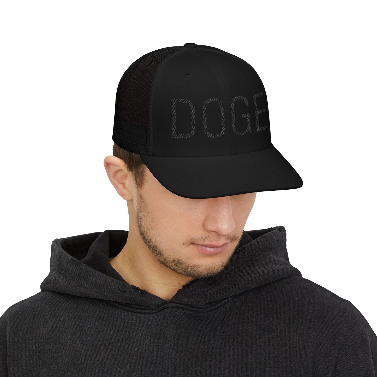 Black-on-Black DOGE Snapback Hat – Elon Style Trucker Cap | Funny Gift for Crypto Fans