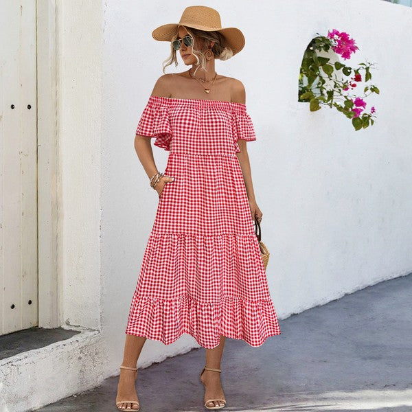 Summer Dress for Women Plaid Puff Sleeves Dress