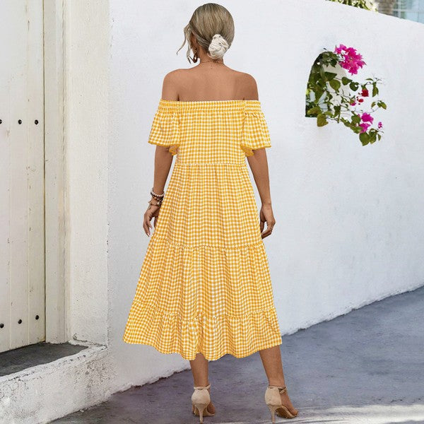 Summer Dress for Women Plaid Puff Sleeves Dress
