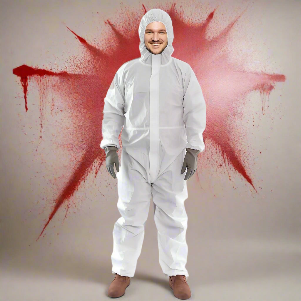 Person wearing a white protective suit on a white background