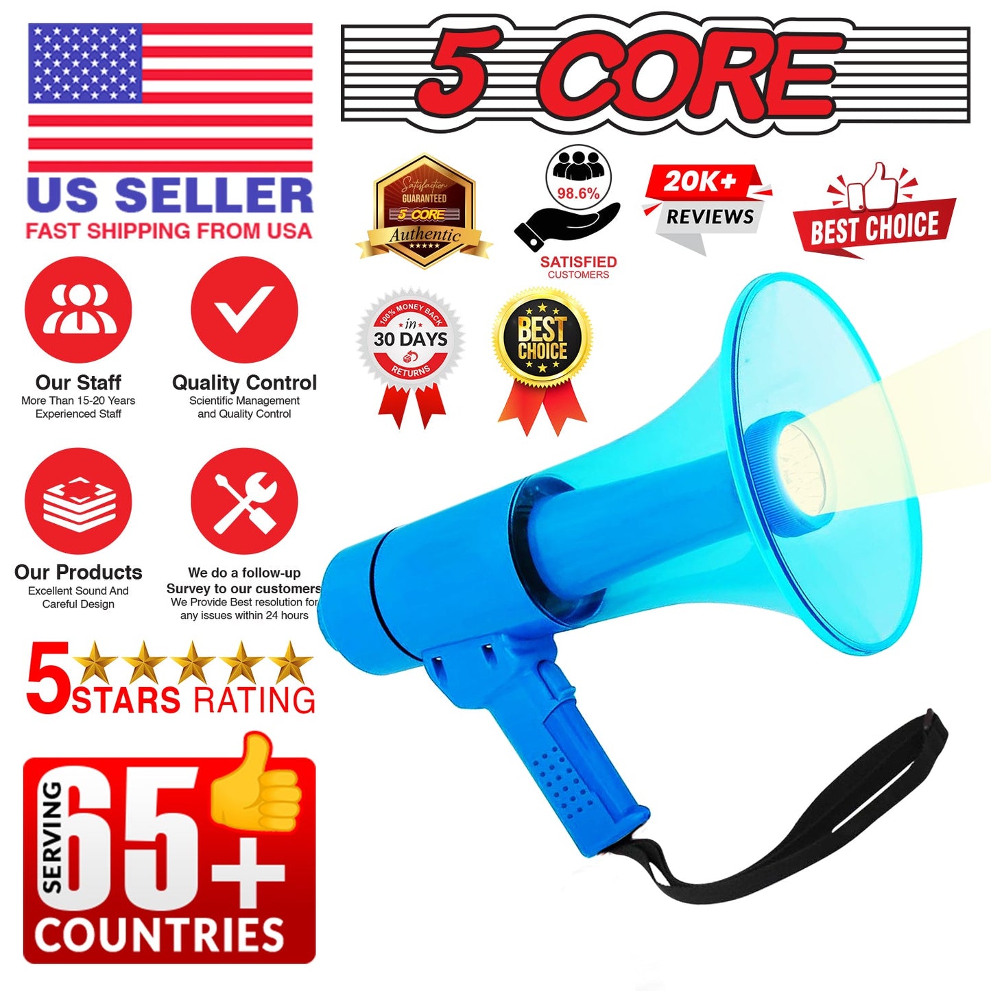 5Core Megaphone Bullhorn Speaker w Siren LED Light Adjustable Volume