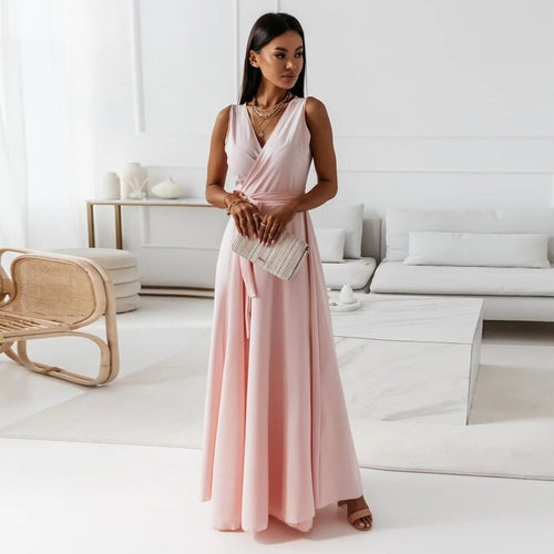 V-neck Sleeveless Dress With Belt Summer Fashion Party Club Evening