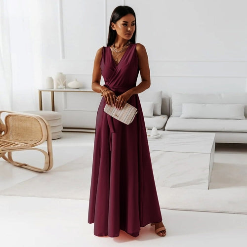 V-neck Sleeveless Dress With Belt Summer Fashion Party Club Evening