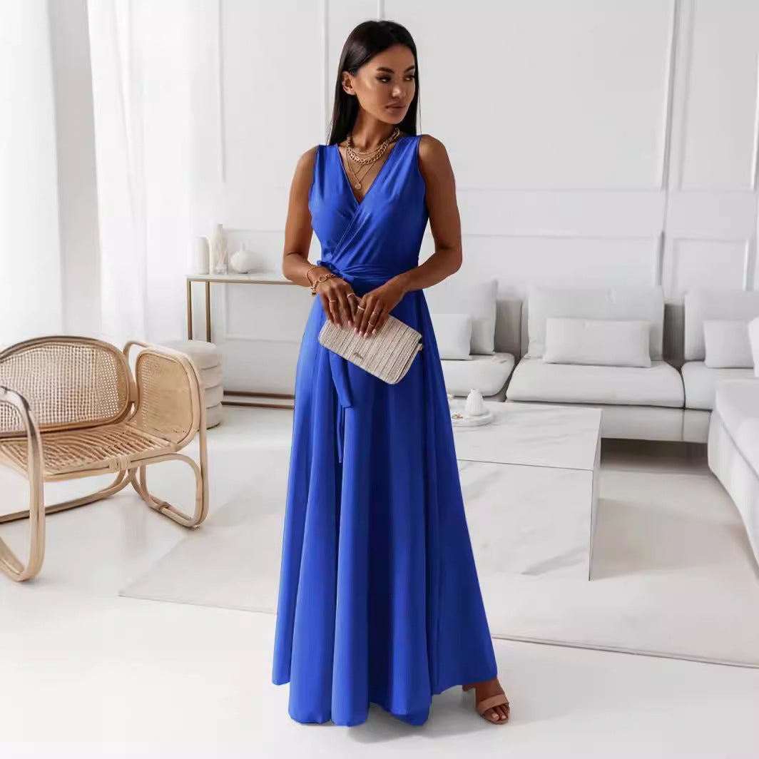 V-neck Sleeveless Dress With Belt Summer Fashion Party Club Evening