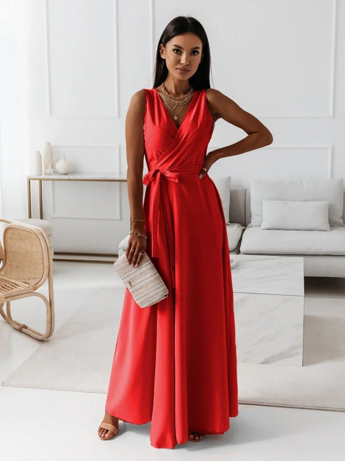 V-neck Sleeveless Dress With Belt Summer Fashion Party Club Evening