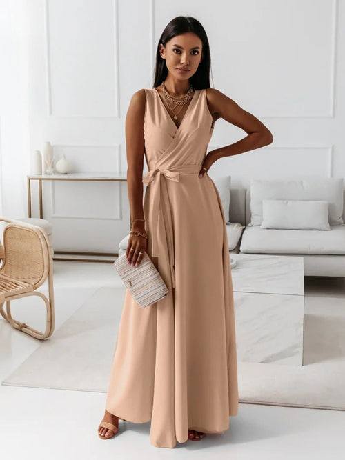 V-neck Sleeveless Dress With Belt Summer Fashion Party Club Evening