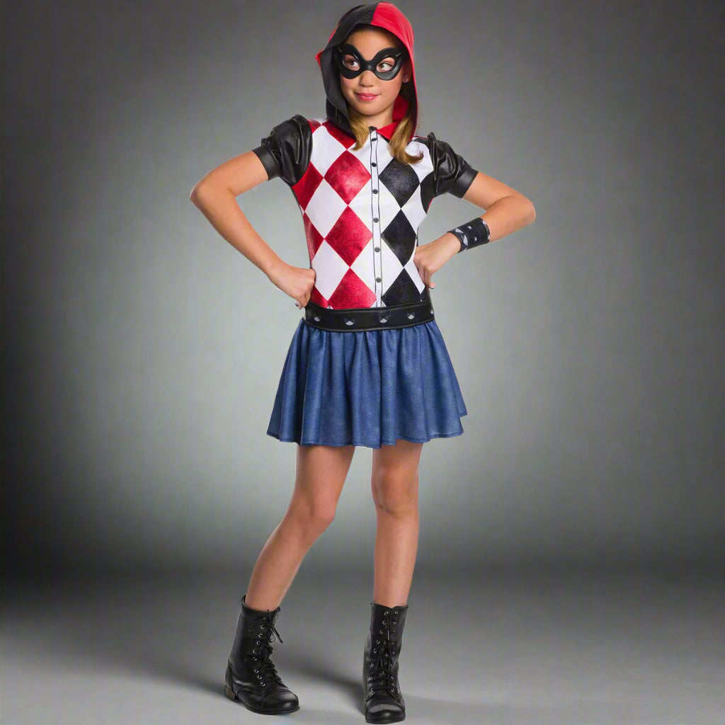 Child wearing a Harley Quinn costume with red, black, and white checkered shirt and blue skirt on a white background.