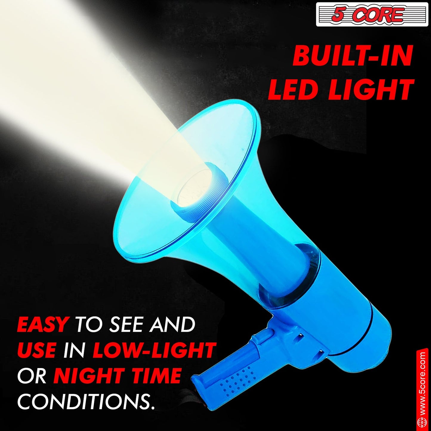 5Core Megaphone Bullhorn Speaker w Siren LED Light Adjustable Volume