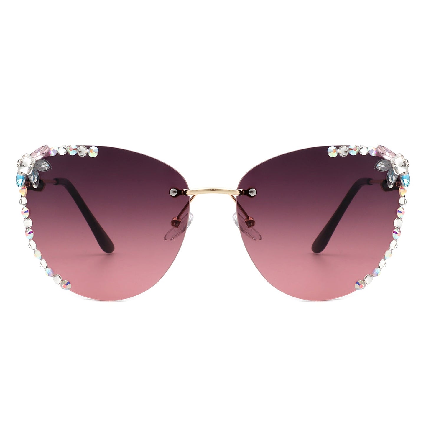 Nightbri - Women Rimless Tinted Chic Rhinestone Fashion Cat Eye Sungla