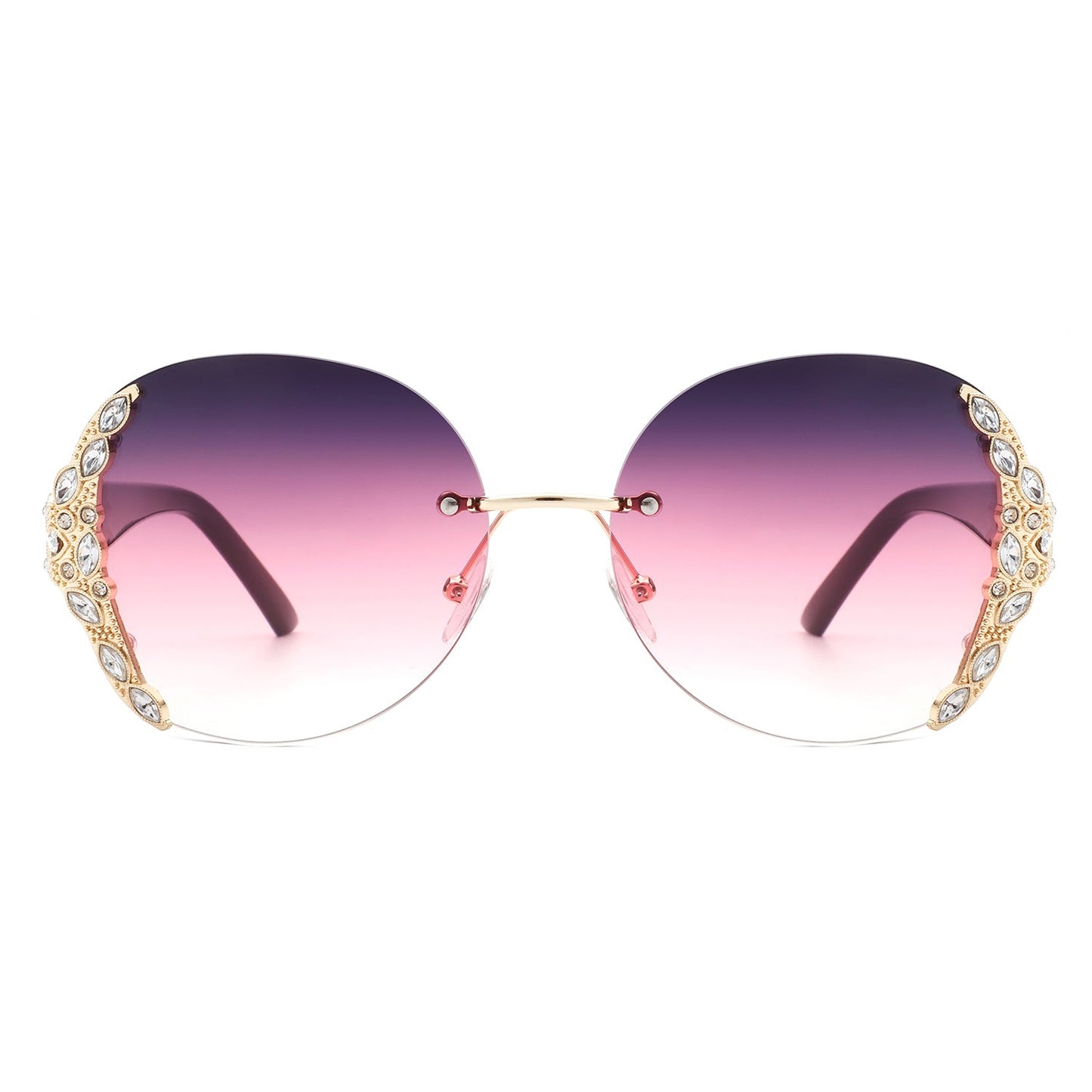 Jadeisle - Women Oval Rimless Rhinestone Design Round Oversize Sunglas