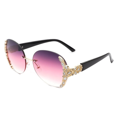 Jadeisle - Women Oval Rimless Rhinestone Design Round Oversize Sunglas