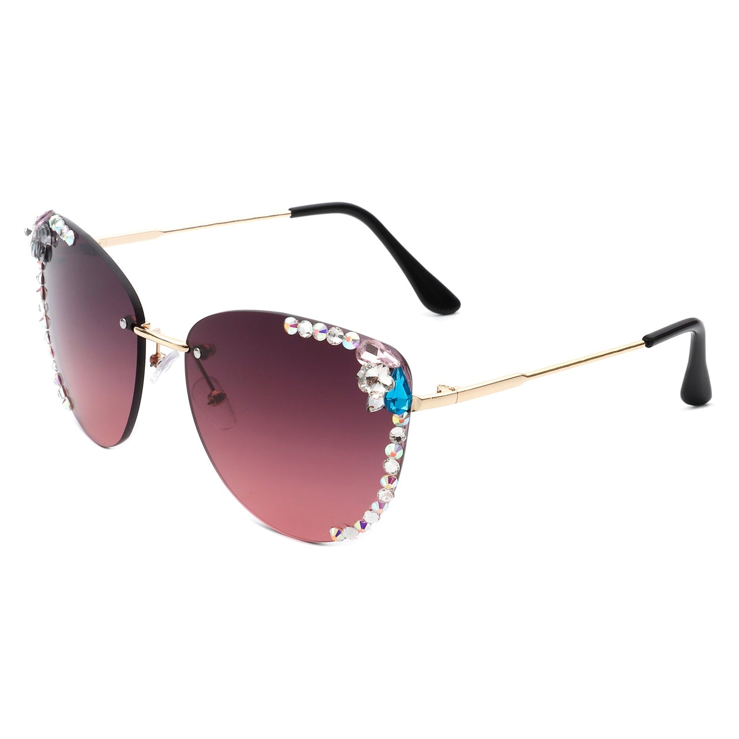 Nightbri - Women Rimless Tinted Chic Rhinestone Fashion Cat Eye Sungla
