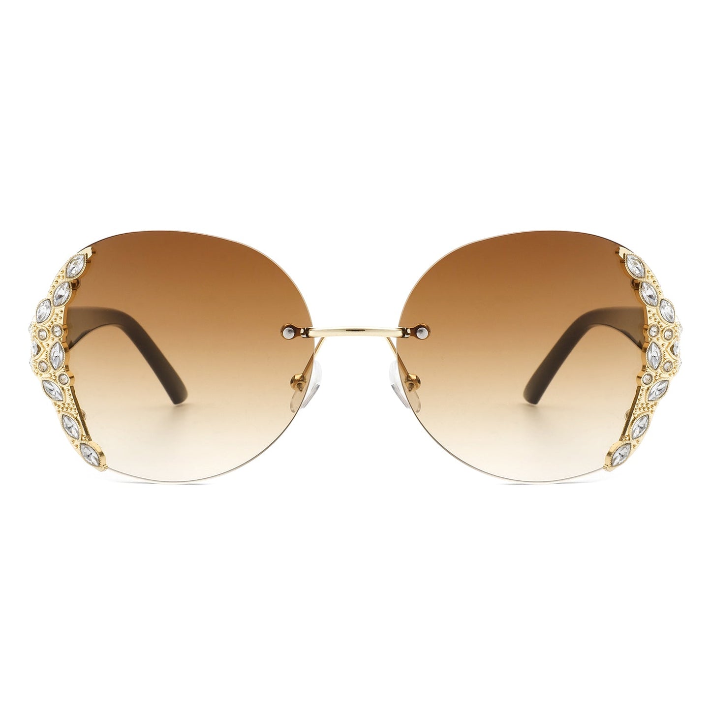 Jadeisle - Women Oval Rimless Rhinestone Design Round Oversize Sunglas