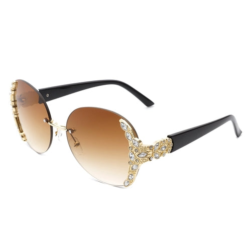 Jadeisle - Women Oval Rimless Rhinestone Design Round Oversize Sunglas