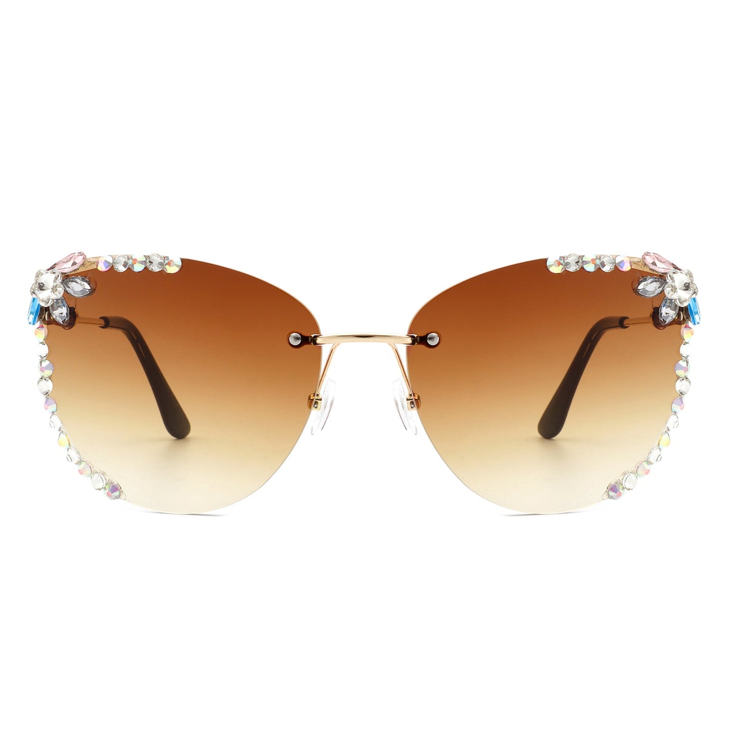 Nightbri - Women Rimless Tinted Chic Rhinestone Fashion Cat Eye Sungla