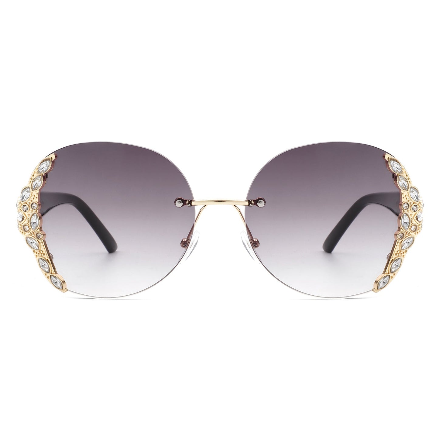 Jadeisle - Women Oval Rimless Rhinestone Design Round Oversize Sunglas