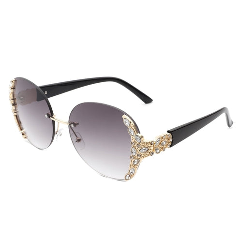 Jadeisle - Women Oval Rimless Rhinestone Design Round Oversize Sunglas