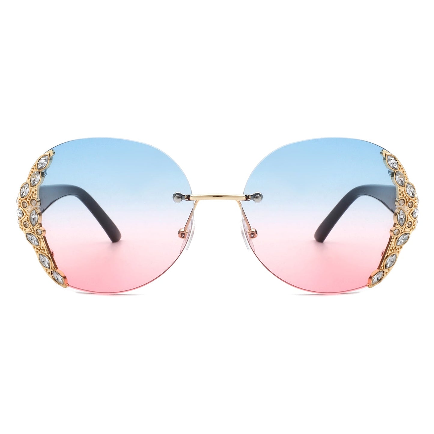 Jadeisle - Women Oval Rimless Rhinestone Design Round Oversize Sunglas