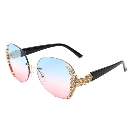 Jadeisle - Women Oval Rimless Rhinestone Design Round Oversize Sunglas