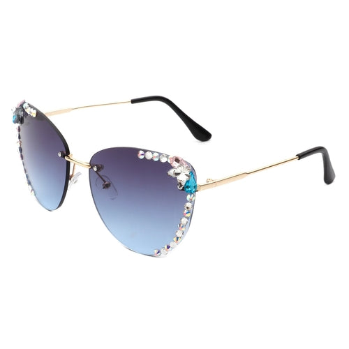 Nightbri - Women Rimless Tinted Chic Rhinestone Fashion Cat Eye Sungla