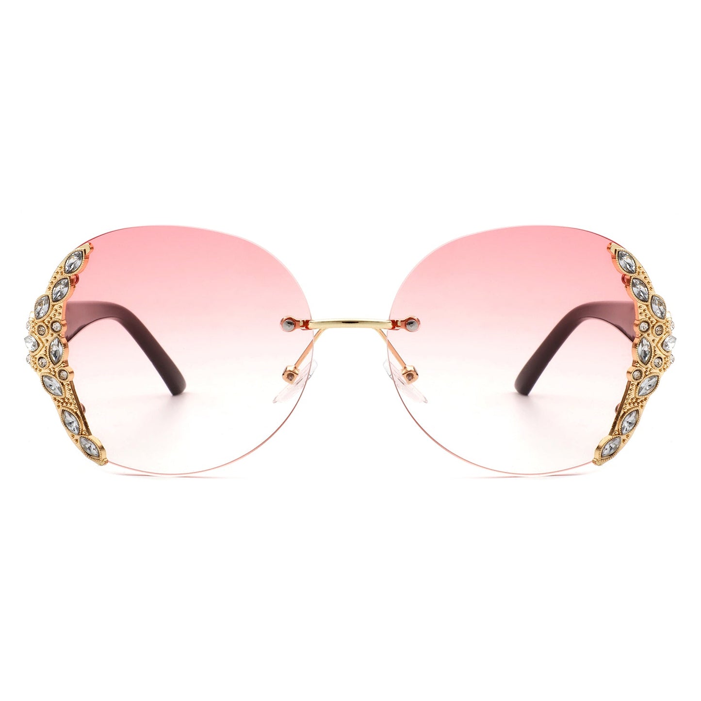 Jadeisle - Women Oval Rimless Rhinestone Design Round Oversize Sunglas