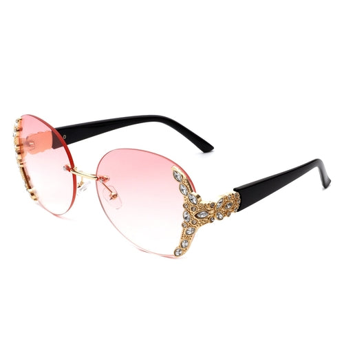 Jadeisle - Women Oval Rimless Rhinestone Design Round Oversize Sunglas
