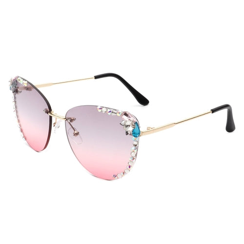 Nightbri - Women Rimless Tinted Chic Rhinestone Fashion Cat Eye Sungla
