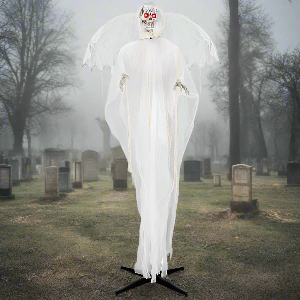 Halloween decoration of a ghost with a black stand on a white background