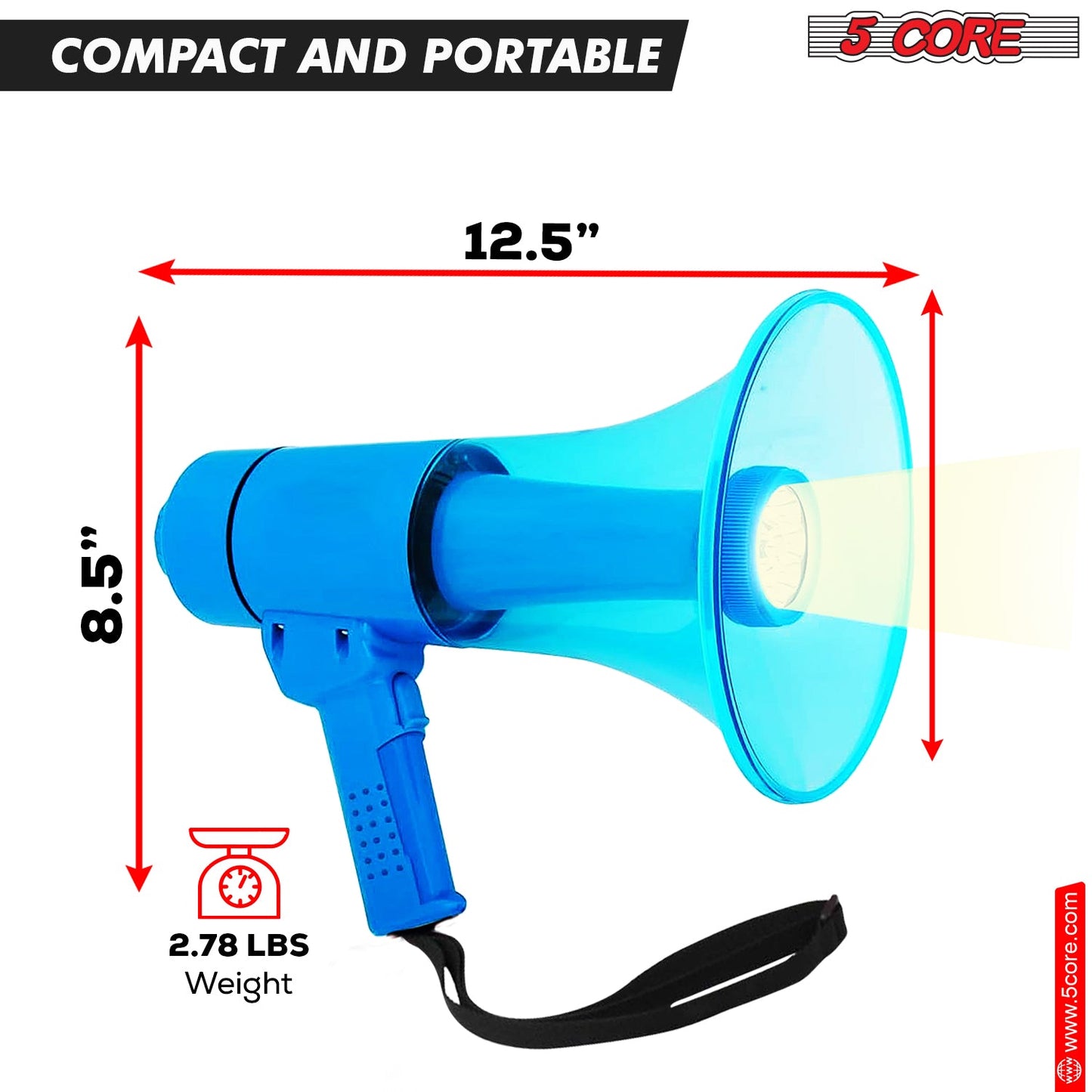 5Core Megaphone Bullhorn Speaker w Siren LED Light Adjustable Volume