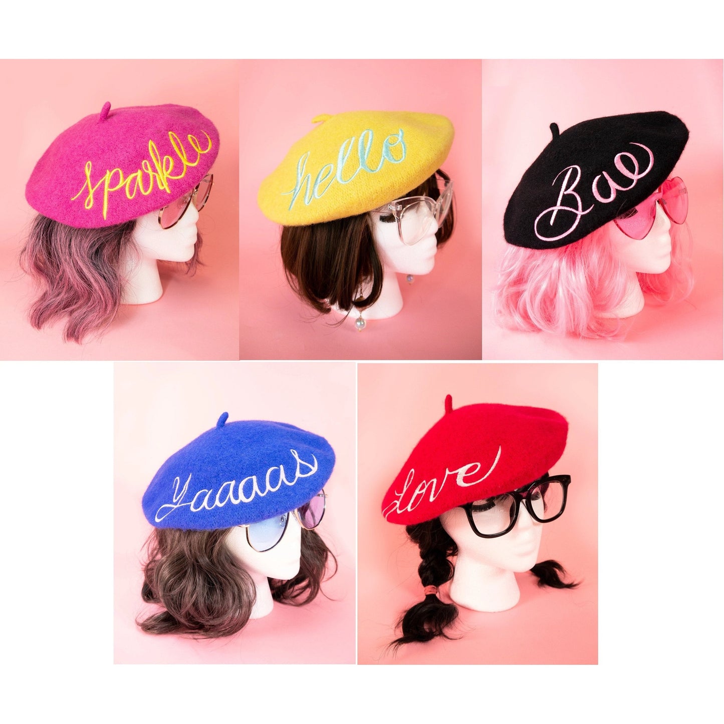 Hello Embroidered Beret in Yellow