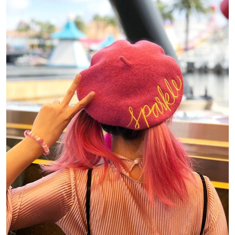 Hello Embroidered Beret in Yellow