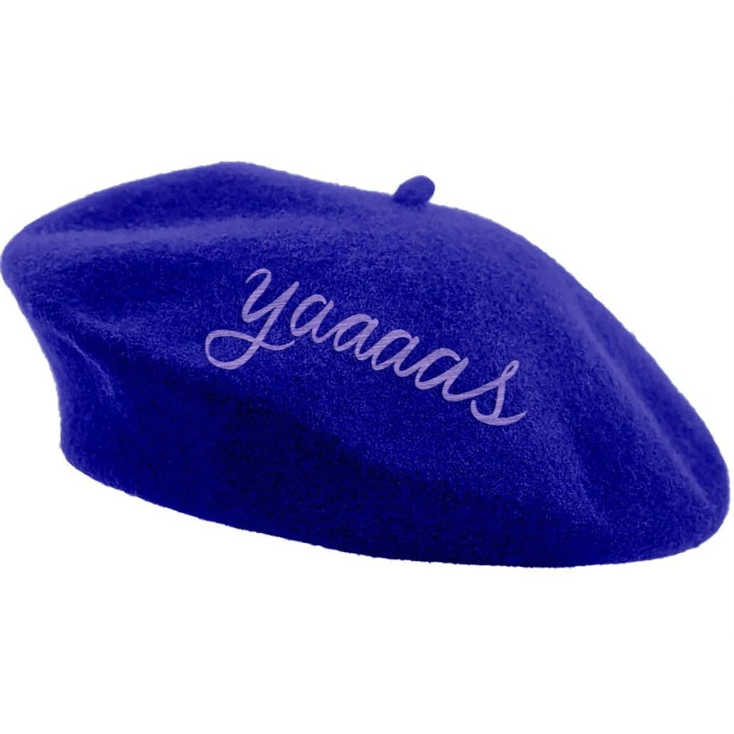 Hello Embroidered Beret in Yellow