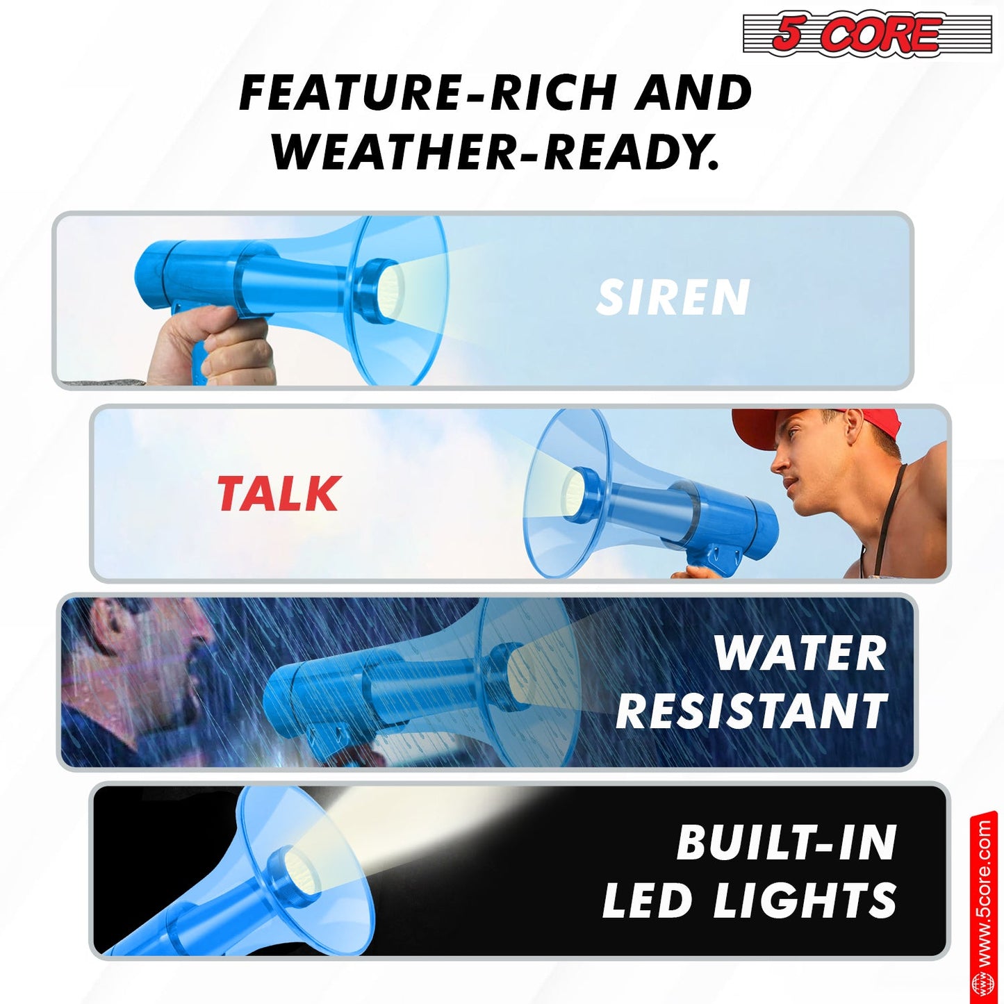 5Core Megaphone Bullhorn Speaker w Siren LED Light Adjustable Volume