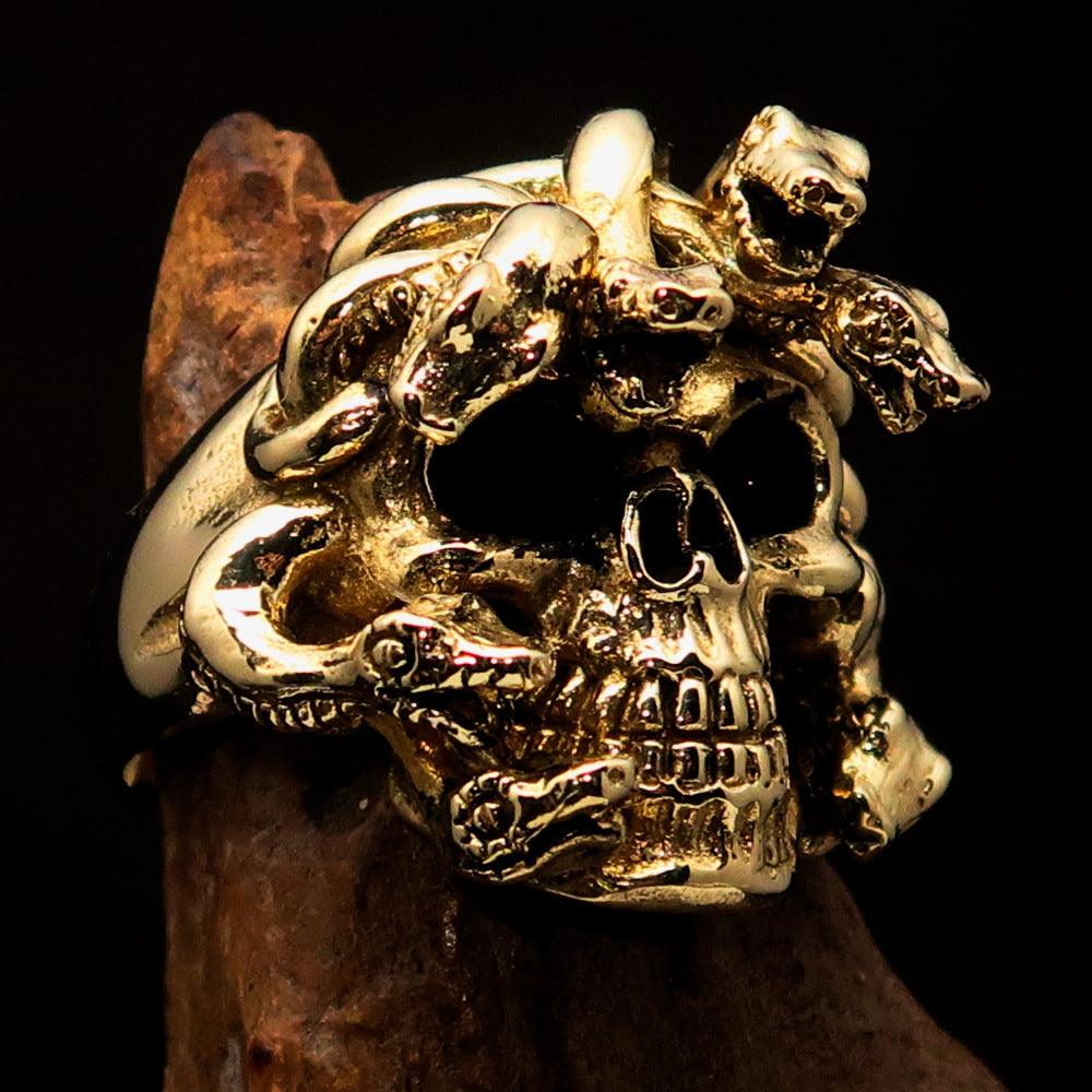 Excellent crafted Men's Medusa Snake Skull Ring - Antiqued Brass