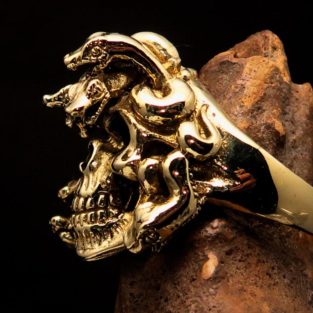 Excellent crafted Men's Medusa Snake Skull Ring - Antiqued Brass