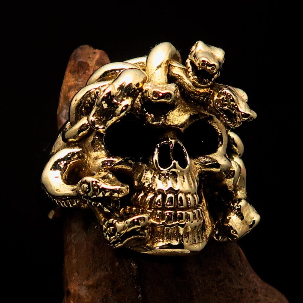 Excellent crafted Men's Medusa Snake Skull Ring - Antiqued Brass