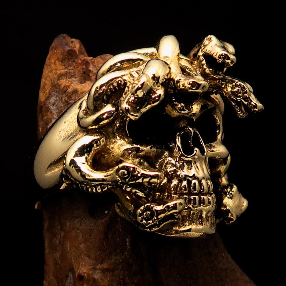 Excellent crafted Men's Medusa Snake Skull Ring - Antiqued Brass