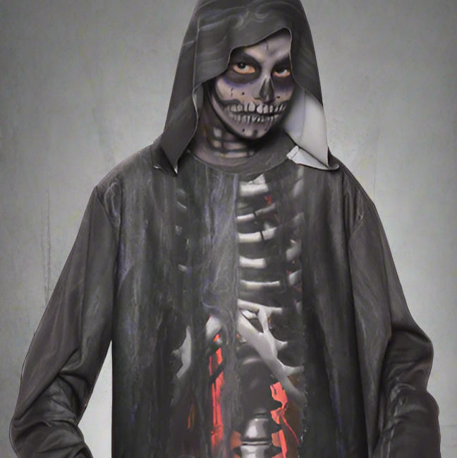 Halloween costume with skeleton design and red accents on a white background