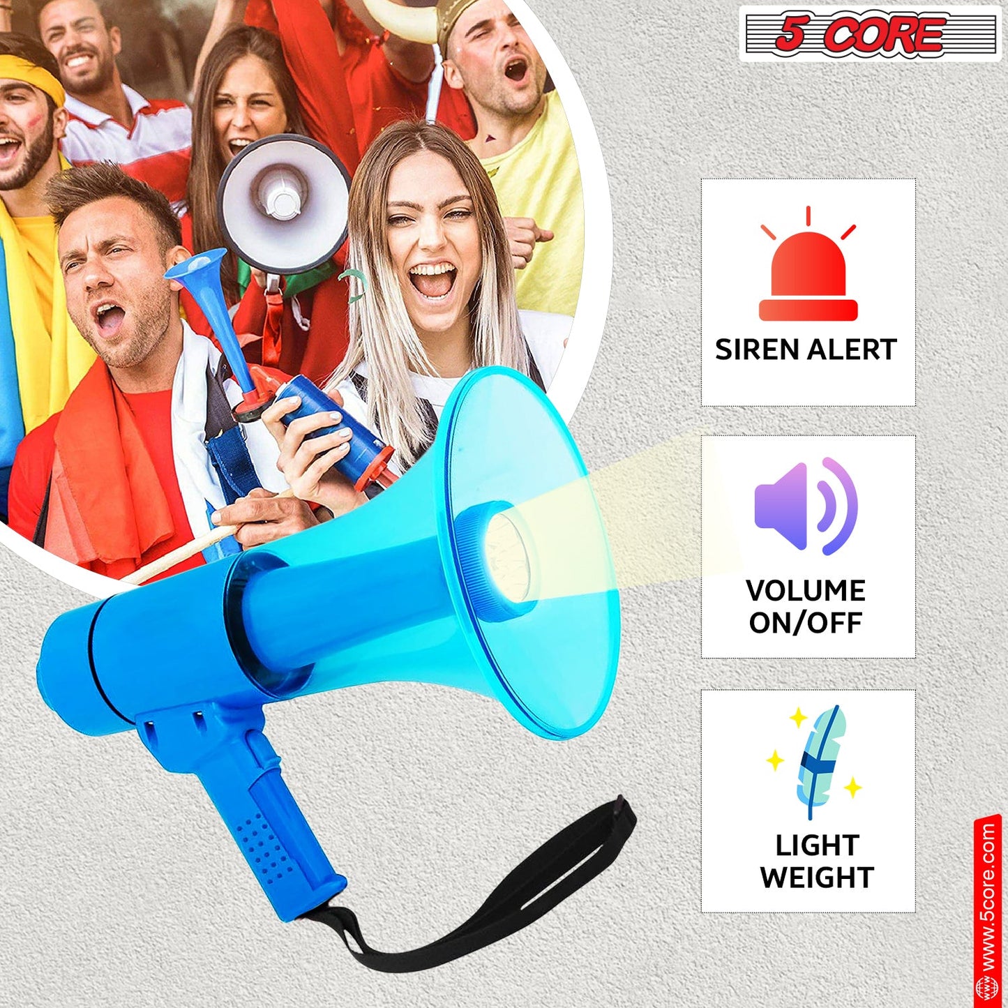 5Core Megaphone Bullhorn Speaker w Siren LED Light Adjustable Volume