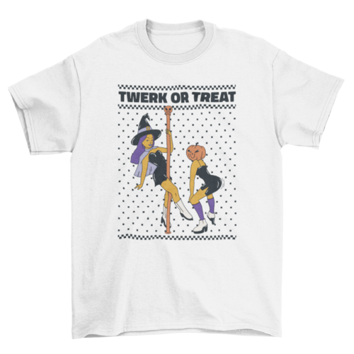 Witch pole dancer and pumpkin hat w/ quote "Twerk or treat" t-shirt