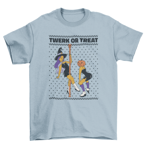 Witch pole dancer and pumpkin hat w/ quote "Twerk or treat" t-shirt