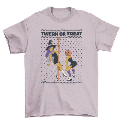 Witch pole dancer and pumpkin hat w/ quote "Twerk or treat" t-shirt