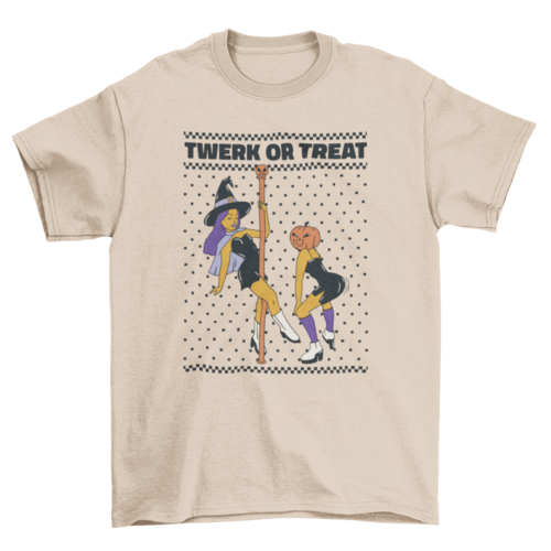 Witch pole dancer and pumpkin hat w/ quote "Twerk or treat" t-shirt