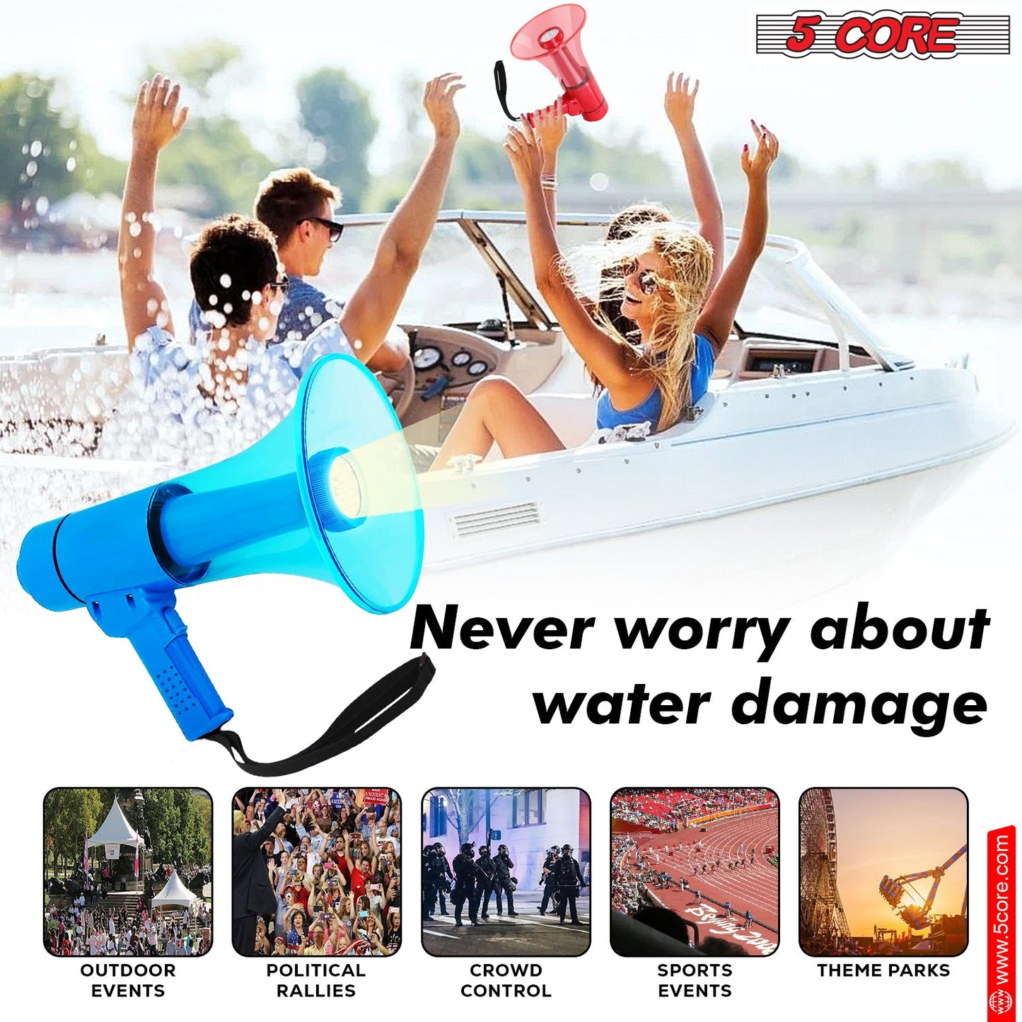 5Core Megaphone Bullhorn Speaker w Siren LED Light Adjustable Volume