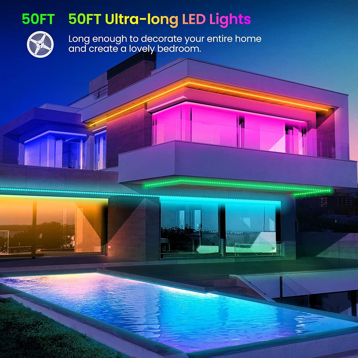 50 FT LED Strip Lights,Bluetooth LED Lights for Bedroom, Color