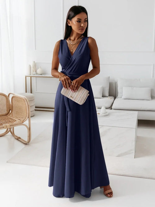 V-neck Sleeveless Dress With Belt Summer Fashion Party Club Evening
