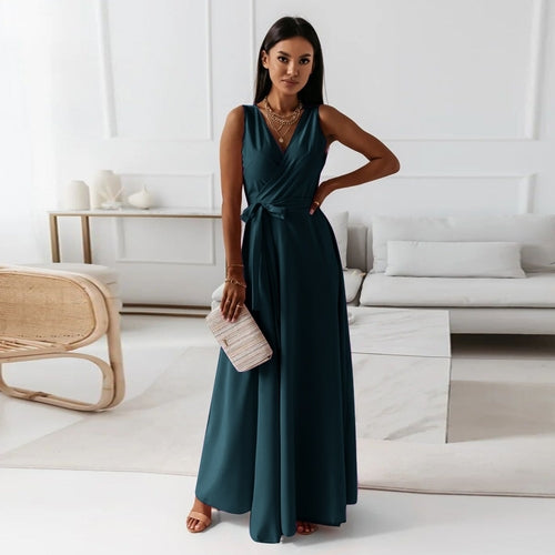 V-neck Sleeveless Dress With Belt Summer Fashion Party Club Evening